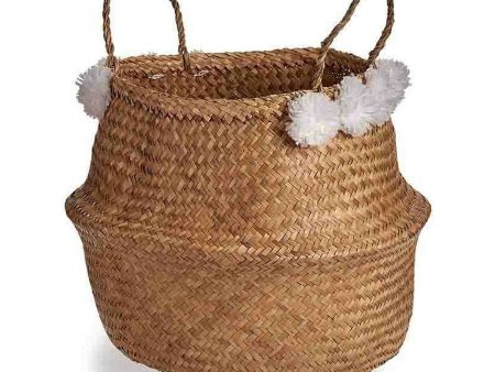 Basket White Brown Natural Rushes Pompoms 8 L 32 x 30 x 32 cm For Sale